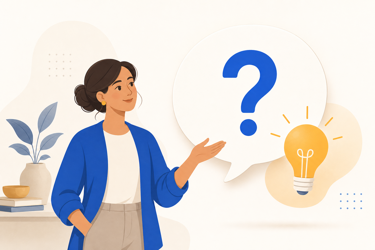 A friendly figure beside a question-mark speech bubble and a lightbulb