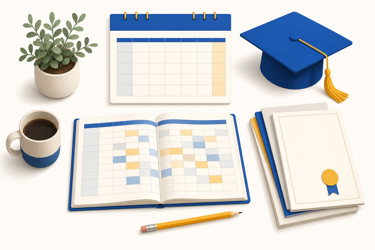 A tidy flat-lay of a gradebook with colored grade cells, a calendar, report cards and a graduation cap