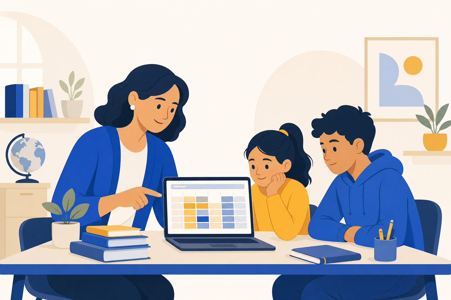 A teacher helping two students of different ages review grades on a laptop