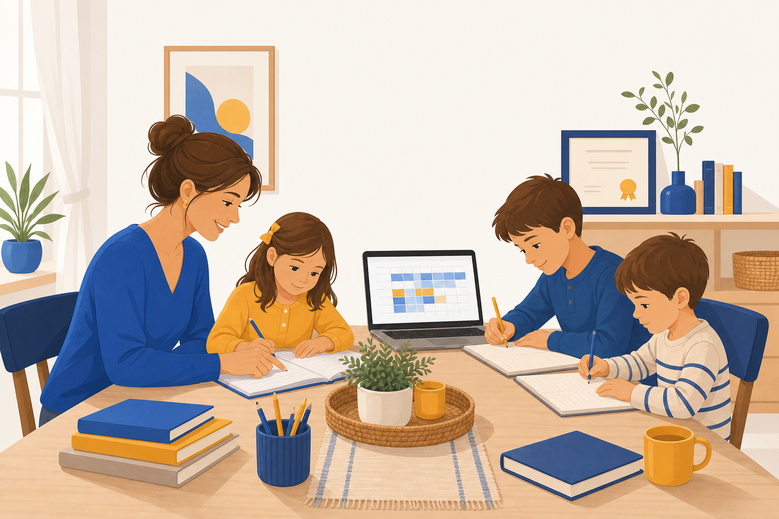 A homeschooling parent teaching three children of different ages at a dining table, with a laptop gradebook and a framed diploma nearby